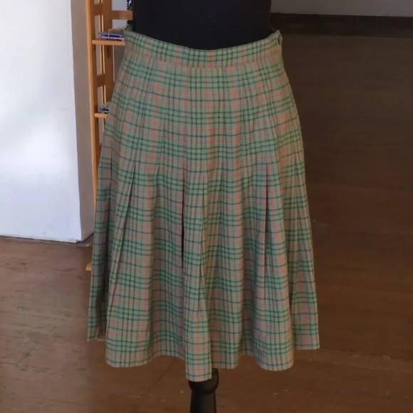 Olive/orange Tartan plaid pleated skirt - Picture 3 of 4
